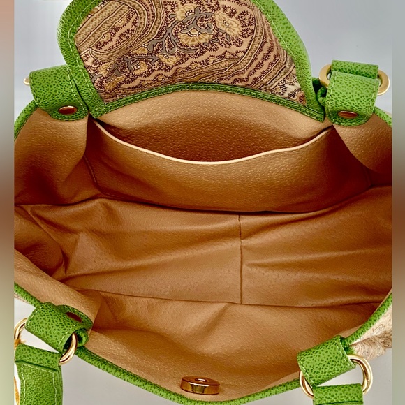 NWT Etro Milano Paisley Uncoated. Canvas & Lime Green Leather Trim Bag - Picture 12 of 16